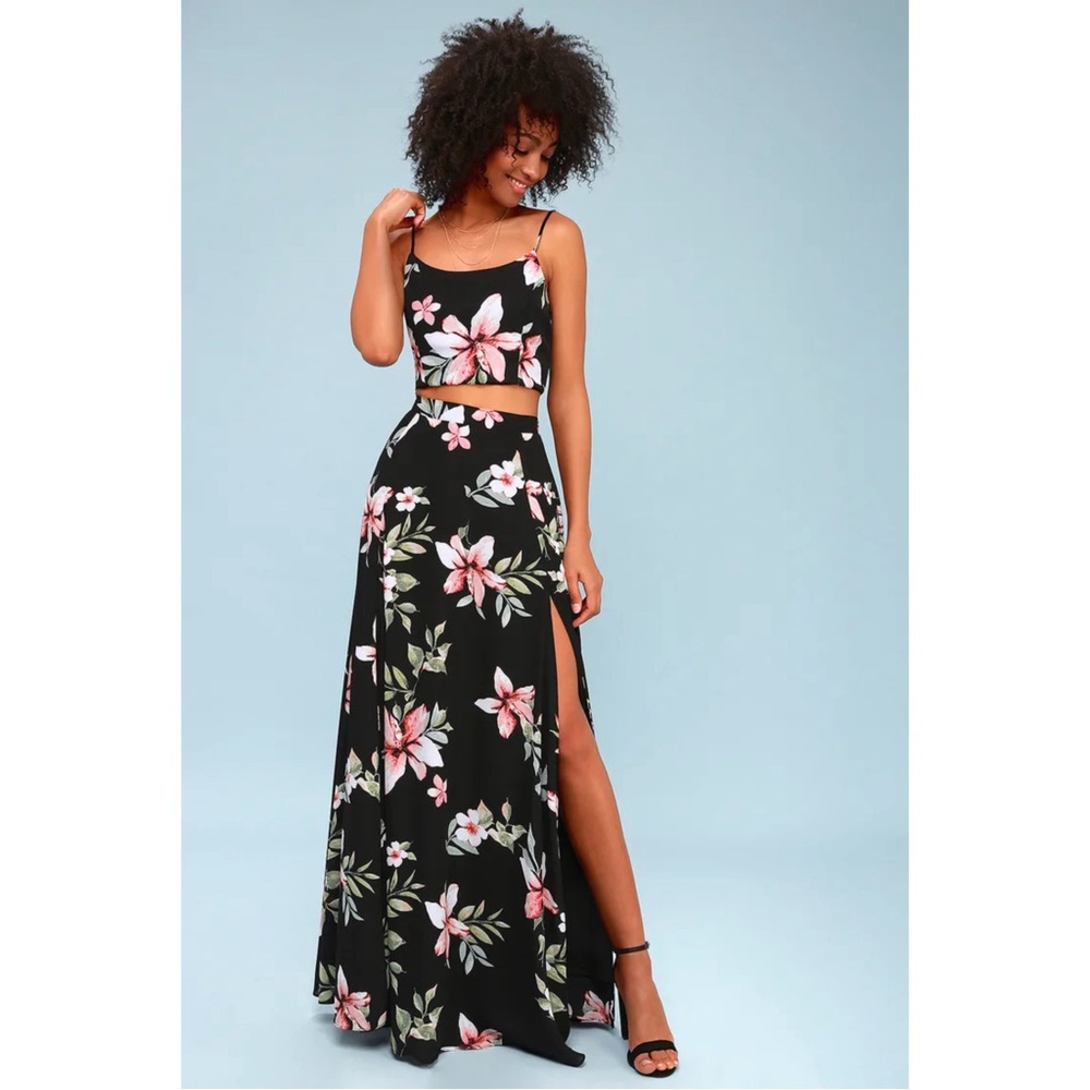 Barefoot at the Beach Black Floral Print Two-Piece Maxi Dress